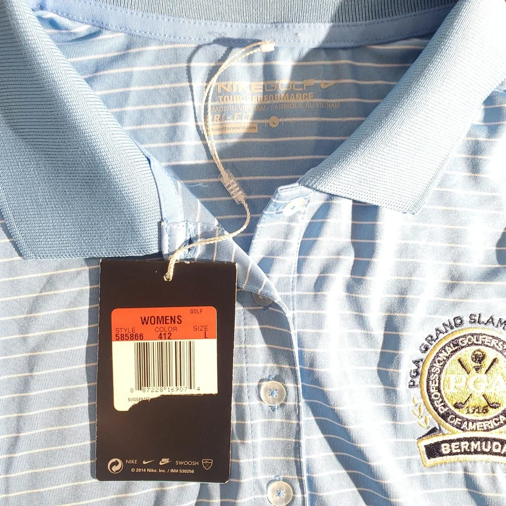 Nike Golf Polo Shirt Womens Large Blue Stripe Dri‎ Fit PGA Grand Slam Bermuda